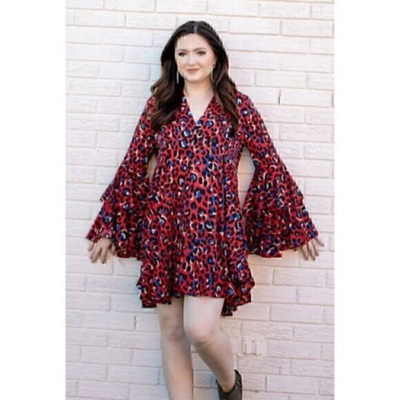 Red Leopard 70s V Neck  Tier  Hippie Bell Sleeve Bohemian Mini Dress M - Picture 4 of 14